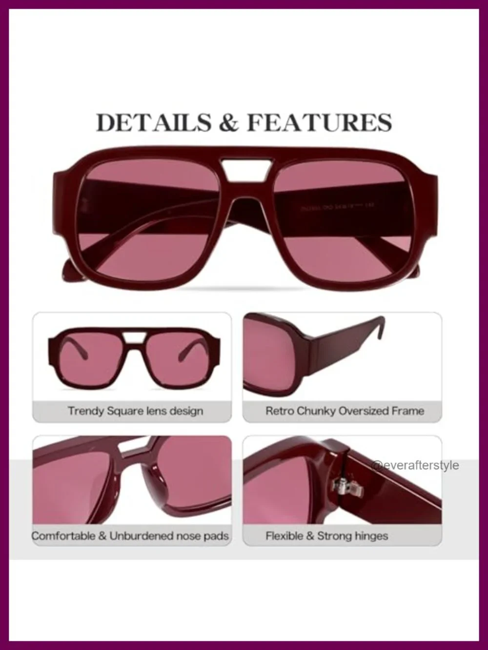 Oversized Square Aviator Sunglasses Retro 70s Chunky Frame UV Protection Unisex